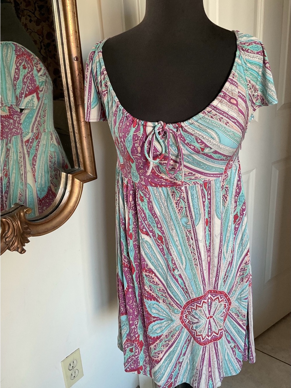 Nieves Lavi Silk Boho Scoop Neck Flutter Sleeve Dress in Teal & Mauve